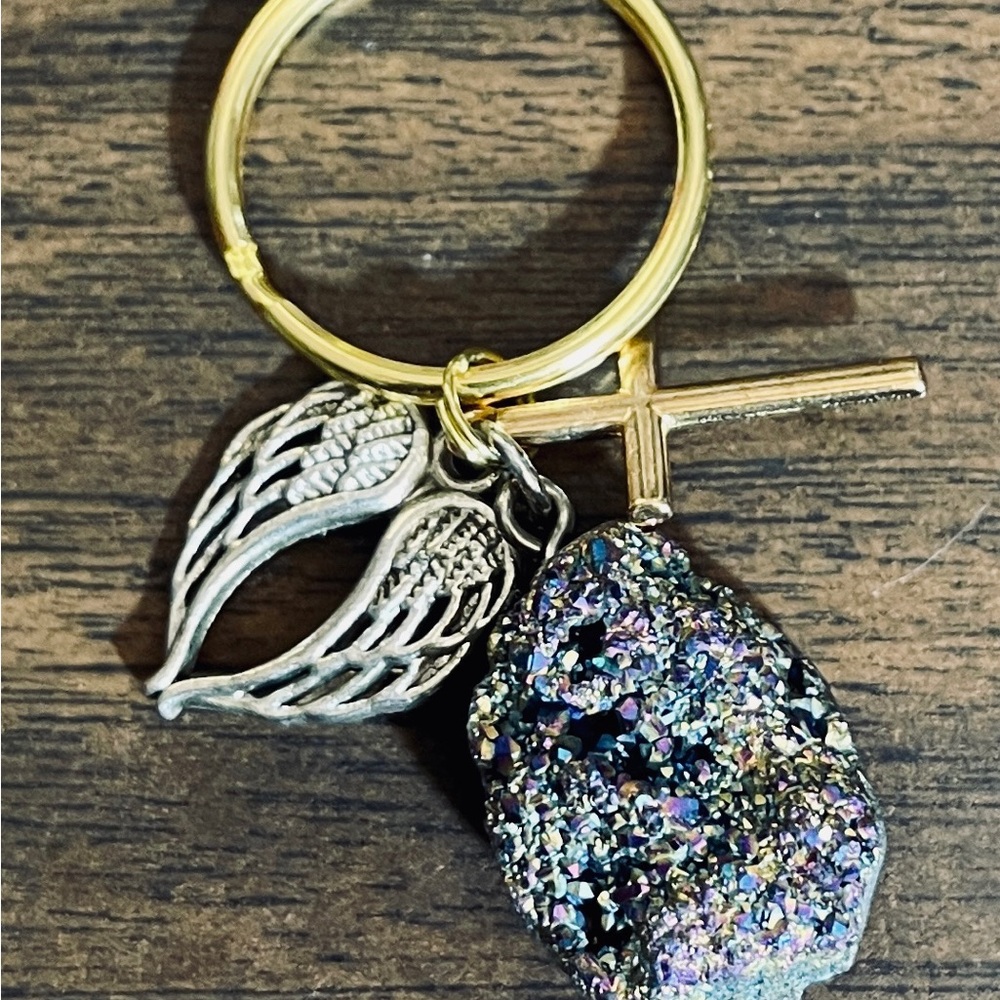 Gold and Silver Angel Wing Keychain with Cross and Crystal Charm